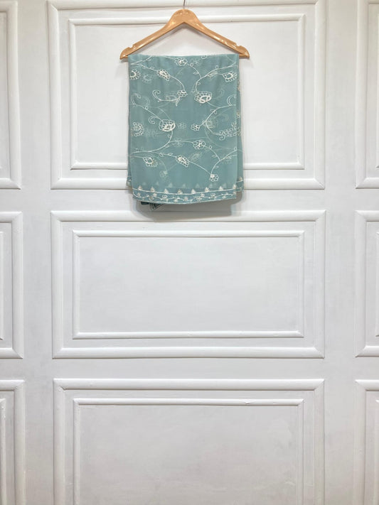 3 Piece - Pure Embroidered Bamber Chiffon SEA - GRAY Suit AN-0042