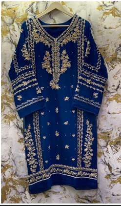3 Piece - Pure Embroidered Bamber Chiffon INK - Blue Suit AN-0001