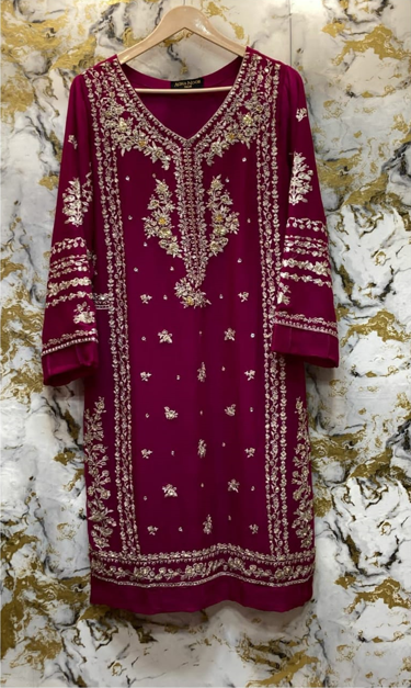 3 Piece - Pure Embroidered Bamber Chiffon CHERRY - Pink Suit AN-0004