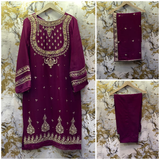 3 Piece - Pure Embroidered Bamber Chiffon DEEP - Purple (PLUM) Suit AN-0006