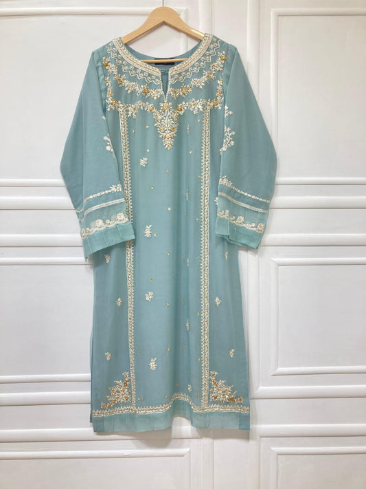 3 Piece - Pure Embroidered Bamber Chiffon SEA -  GRAY Suit AN-0042