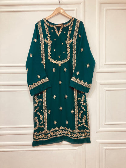 3 Piece - Pure Embroidered Bamber Chiffon EMERALD - GREEN Suit AN-0044