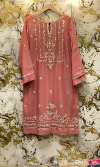 3 Piece - Pure Embroidered Bamber Chiffon TEA - Pink Suit AN-0034