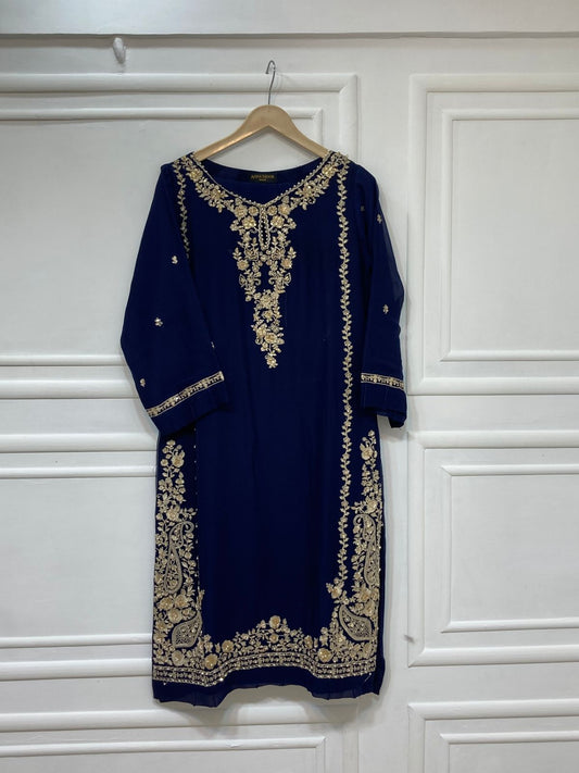 3 Piece - Pure Embroidered Bamber Chiffon ROYAL- BLUE Suit AN-0061