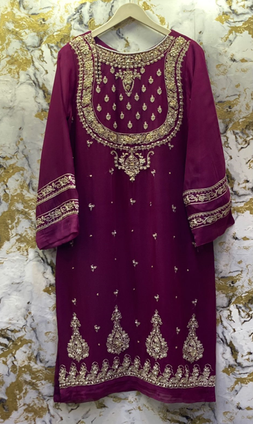 3 Piece - Pure Embroidered Bamber Chiffon DEEP - Purple (PLUM) Suit AN-0006