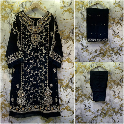 3 Piece - Pure Embroidered Bamber Chiffon DEEP - Black Suit AN-0036