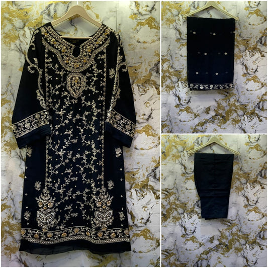 3 Piece - Pure Embroidered Bamber Chiffon DEEP - Black Suit AN-0036