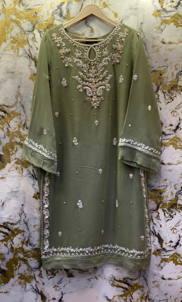 3 Piece - Pure Embroidered Bamber Chiffon OLIVE - Green Suit AN-0015