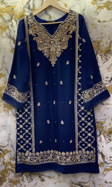 3 Piece - Pure Embroidered Bamber Chiffon ROYAL - Blue Suit AN-0016