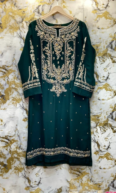 3 Piece - Pure Embroidered Bamber Chiffon BOTTLE - GREEN Suit AN-0022