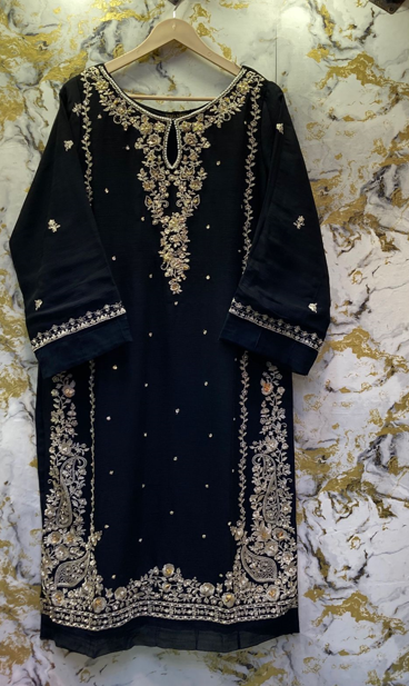 3 Piece - Pure Embroidered Bamber Chiffon JET - Black  Suit AN-0010