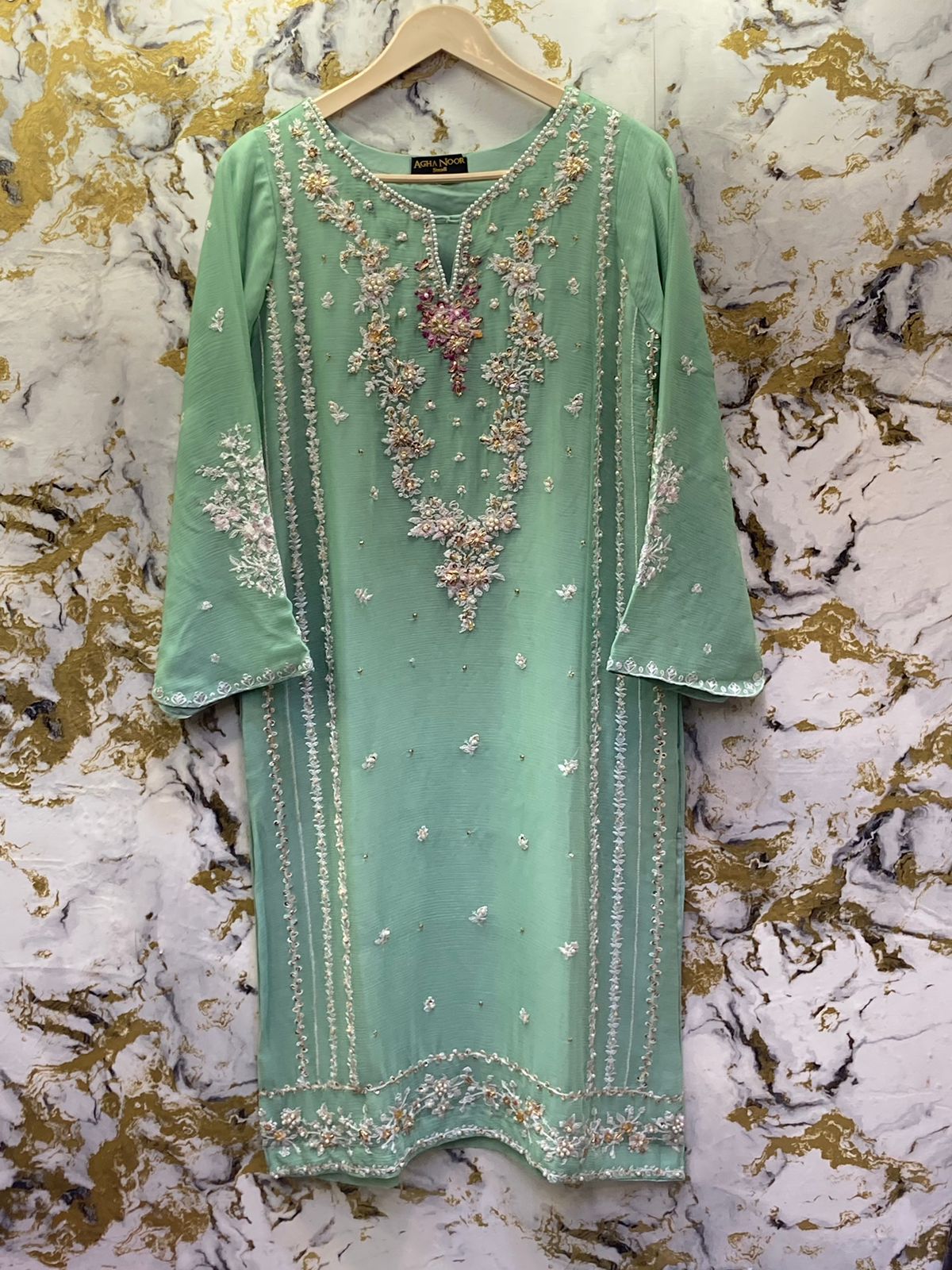 3 Piece - Pure Embroidered Bamber Chiffon Light MINT - GREEN  Suit AN-0003