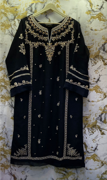 3 Piece - Pure Embroidered Bamber Chiffon DEEP - Black Suit AN-0021