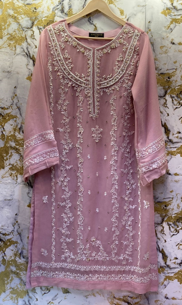 3 Piece - Pure Embroidered Bamber Chiffon TEA - Pink Suit AN-0011