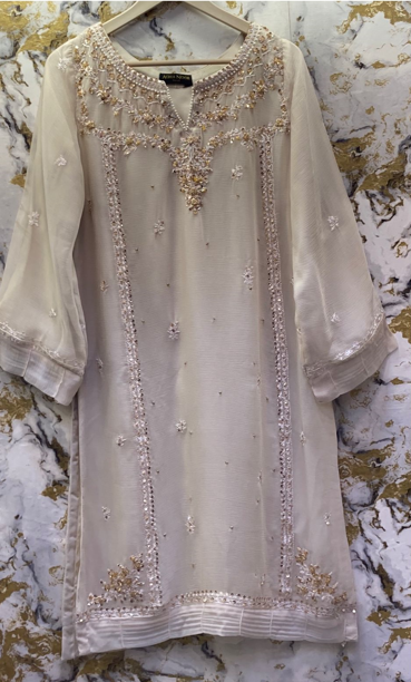 3 Piece - Pure Embroidered Bamber Chiffon PEARL - Gold Suit AN-0019