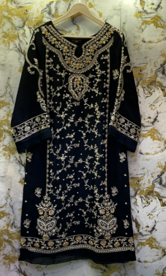 3 Piece - Pure Embroidered Bamber Chiffon DEEP - Black Suit AN-0036