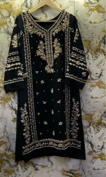 3 Piece - Pure Embroidered Bamber Chiffon DEEP - Black Suit AN-0033