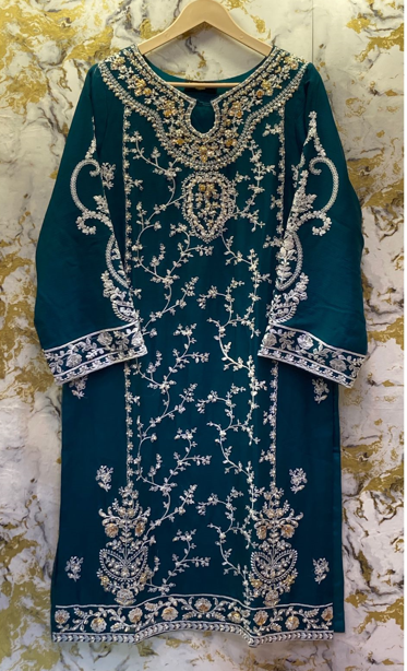 3 Piece - Pure Embroidered Bamber Chiffon PEACOCK - Green Suit AN-0014
