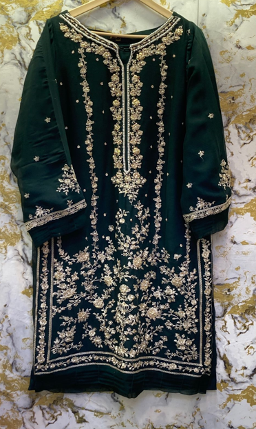 3 Piece - Pure Embroidered Bamber Chiffon BOTTLE - Green Suit AN-0008