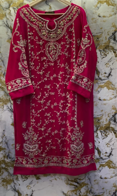 3 Piece - Pure Embroidered Bamber Chiffon HOT - Pink Suit AN-0007