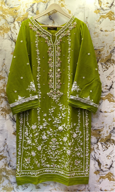 3 Piece - Pure Embroidered Bamber Chiffon PARROT - Green Suit AN-0013