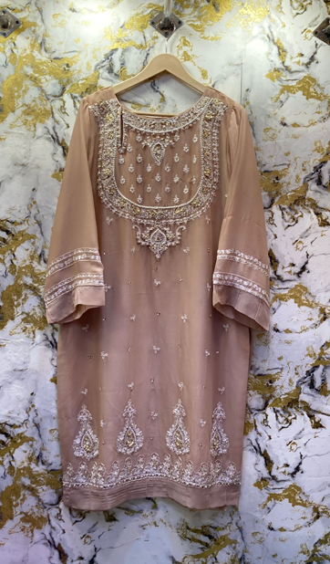 3 Piece - Pure Embroidered Bamber Chiffon NODE - Pink Suit AN-0009