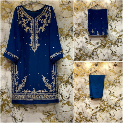 3 Piece - Pure Embroidered Bamber Chiffon DEEP - Blue Suit AN-0035
