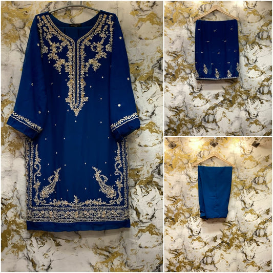 3 Piece - Pure Embroidered Bamber Chiffon DEEP - Blue Suit AN-0035