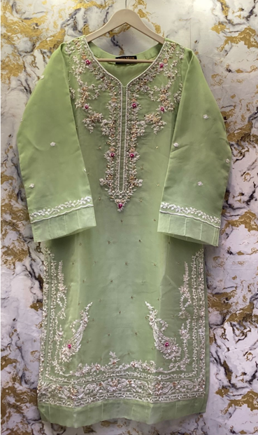 3 Piece - Pure Embroidered Bamber Chiffon MINT - Green Suit AN-0018