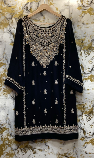 3 Piece - Pure Embroidered Bamber Chiffon DARK- Black Suit AN-0005