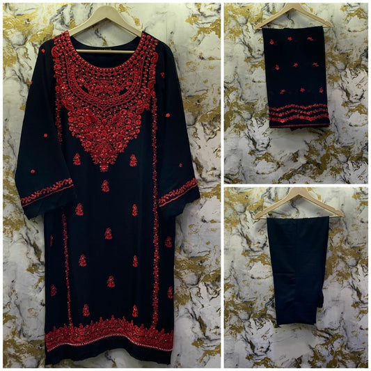 3 Piece - Pure Embroidered Bamber Chiffon RED - BLACK Suit AN-0030