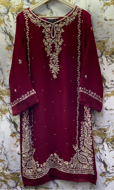 3 Piece - Pure Embroidered Bamber Chiffon  WINE - Red Suit AN-0017