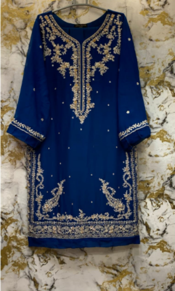 3 Piece - Pure Embroidered Bamber Chiffon DEEP - Blue Suit AN-0035