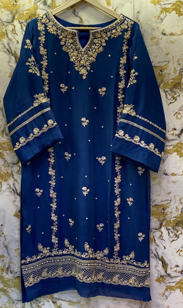 3 Piece - Pure Embroidered Bamber Chiffon CHERRY PEACOCK - Blue Suit AN-0012