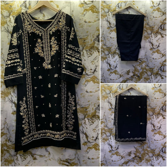 3 Piece - Pure Embroidered Bamber Chiffon DEEP - Black Suit AN-0033