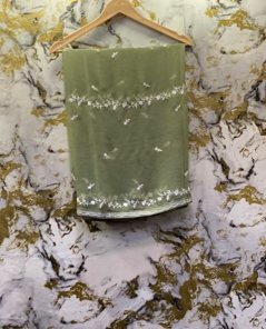 3 Piece - Pure Embroidered Bamber Chiffon OLIVE - Green Suit AN-0015