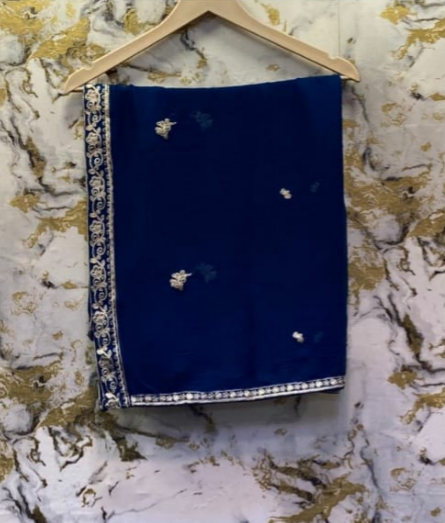 3 Piece - Pure Embroidered Bamber Chiffon ROYAL- Blue Suit AN-0027