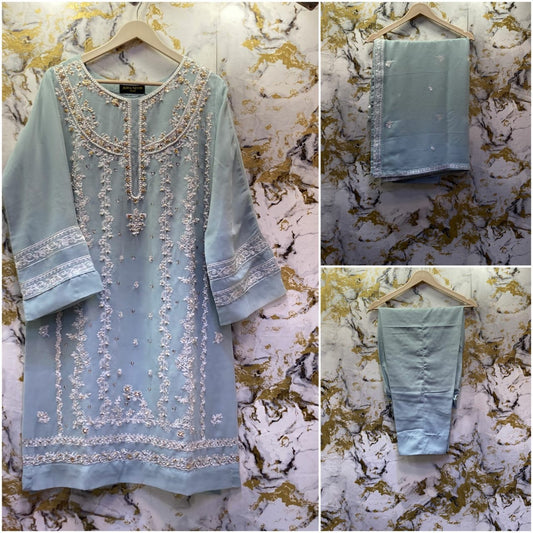 3 Piece - Pure Embroidered Bamber Chiffon SKY - Blue Suit AN-0023