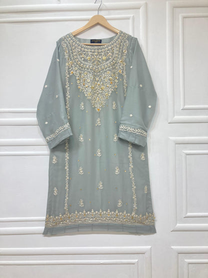 3 Piece - Pure Embroidered Bamber Chiffon ASH - GRAY Suit AN-0048
