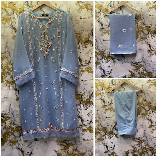 3 Piece - Pure Embroidered Bamber Chiffon SKY - Blue Suit AN-0029