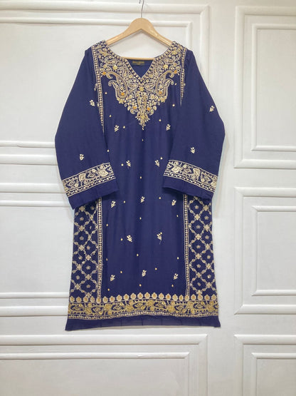 3 Piece - Pure Embroidered Bamber Chiffon ROYAL - BLUE  Suit AN-0050