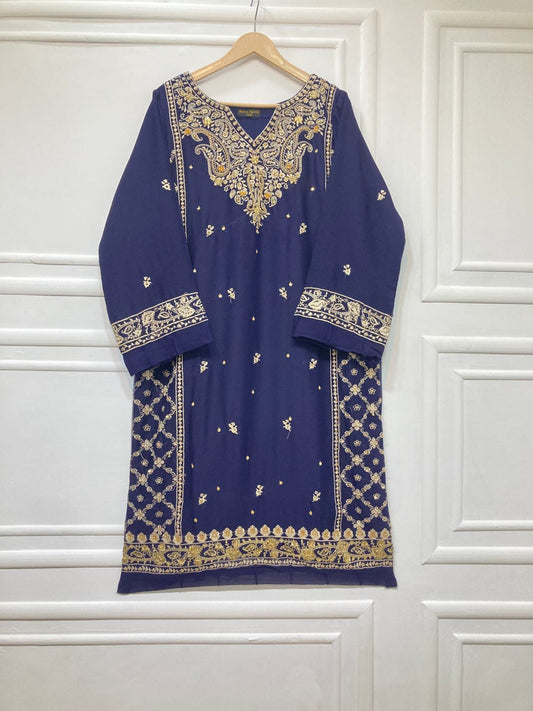 3 Piece - Pure Embroidered Bamber Chiffon ROYAL - BLUE  Suit AN-0050