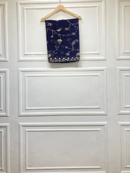 3 Piece - Pure Embroidered Bamber Chiffon ROYAL - BLUE  Suit AN-0050