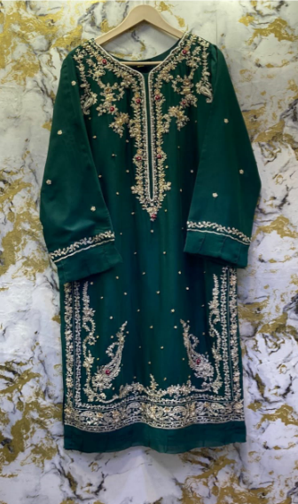 3 Piece - Pure Embroidered Bamber Chiffon DEEP - Green Suit AN-0023