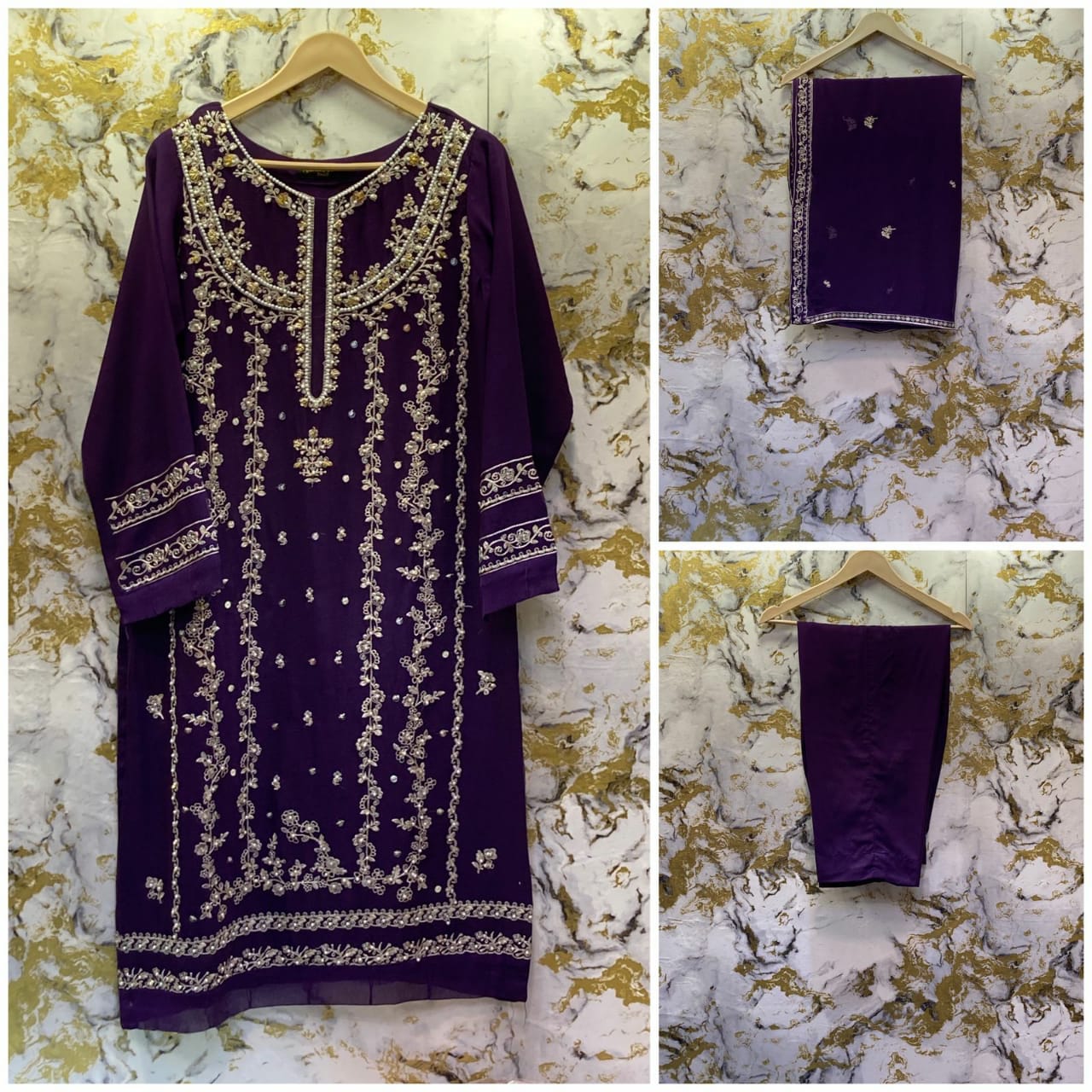 3 Piece - Pure Embroidered Bamber Chiffon PLUM - Purple Suit AN-0026