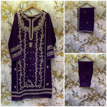 3 Piece - Pure Embroidered Bamber Chiffon PLUM - Purple Suit AN-0026