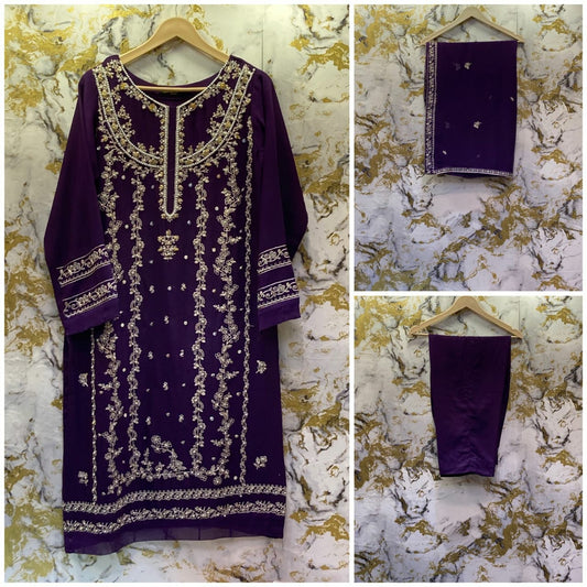 3 Piece - Pure Embroidered Bamber Chiffon PLUM - Purple Suit AN-0026