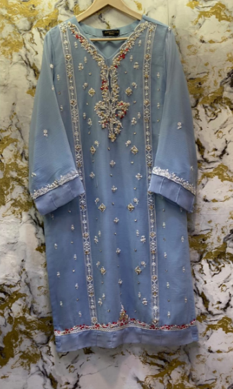 3 Piece - Pure Embroidered Bamber Chiffon SKY - Blue Suit AN-0029