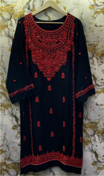 3 Piece - Pure Embroidered Bamber Chiffon RED - BLACK Suit AN-0030