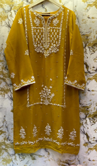 3 Piece - Pure Embroidered Bamber Chiffon MUSTARD - Yellow Suit AN-0024